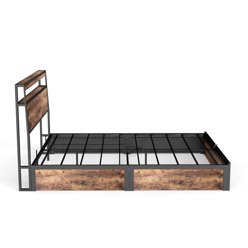 Lift Up Storage Bed Frame/Metal Platform Bed Frame with Charging Station&LED Lights/Noise-Free/No Box Spring Needed/Rustic Brown