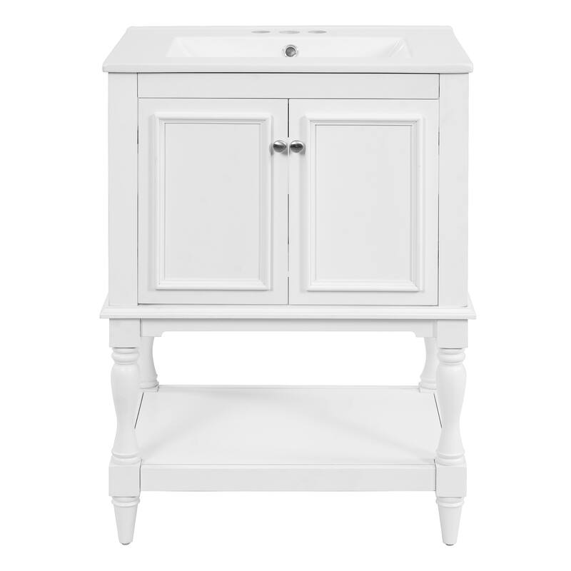 24" Modern Luxury Bathroom Vanity with Ceramic Sink, Compact Cabinet with Open Shelf & Closed Storage