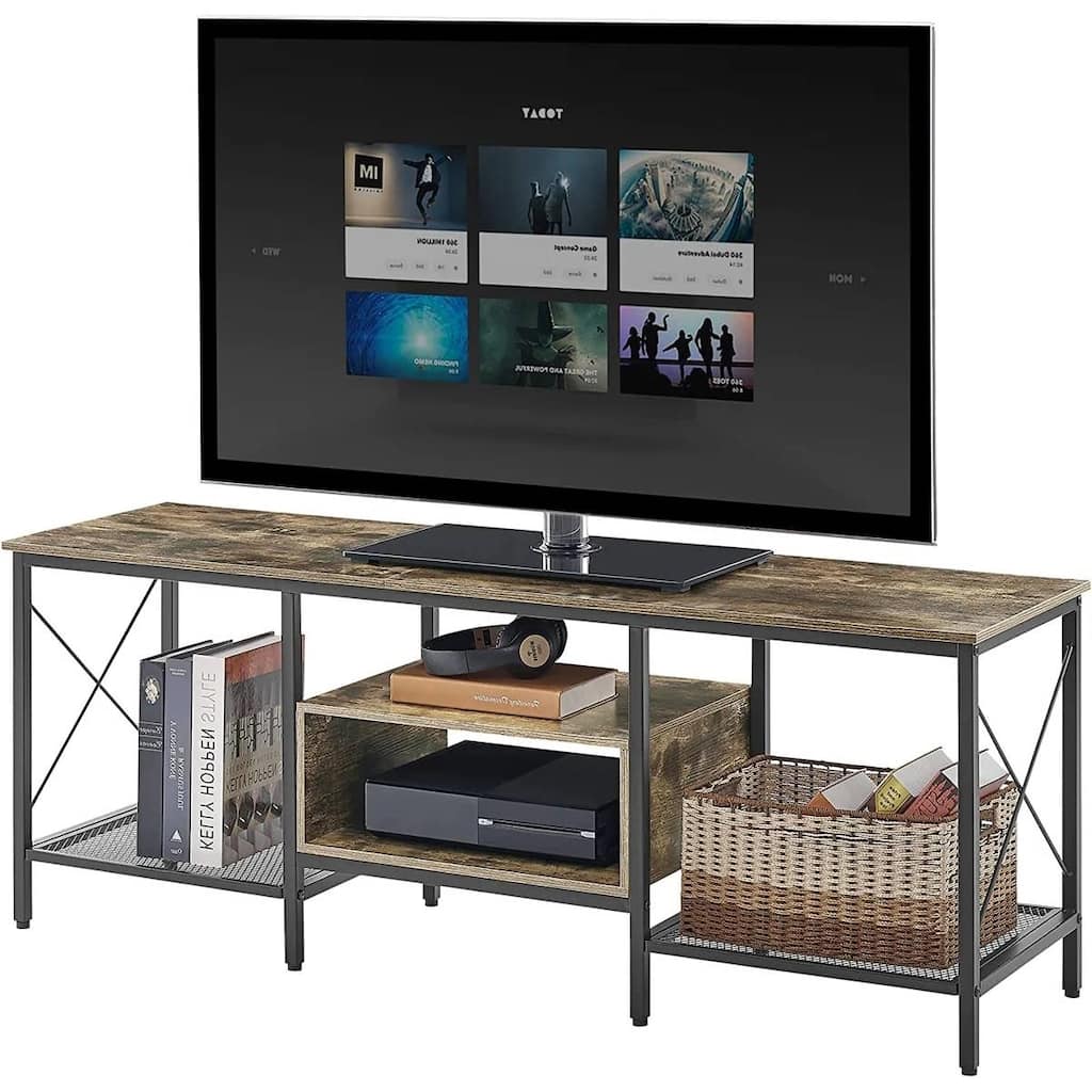 Industrial Farmhouse Metal Wood TV Stand with Storage Shelves - 55.11” Long x 15.74” Wide x 20.47” Tall