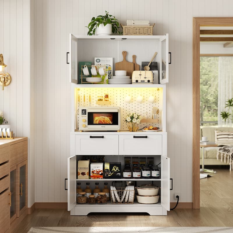 71" Kitchen Pantry Storage Cabinet with LED Light & Power Outlet, Freestanding Buffet Cabinet with Microwave Stand and Doors