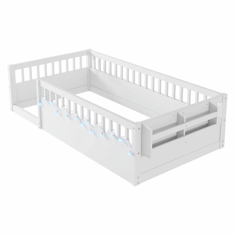 Floor Bed Frame with High Rails, Wooden Kids Floor Bed with Light and Storage Shelf