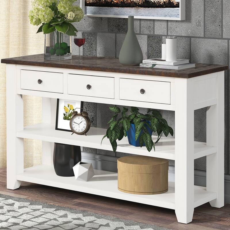 48'' Solid Pine Wood Top Console Table, Modern Entryway Sofa Side Table with 3 Storage Drawers and 2 Shelves - White