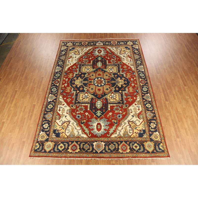 Medallion Heriz Serapi Indian Large Rug Hand-Knotted Wool Carpet - 9'8" x 13'11"