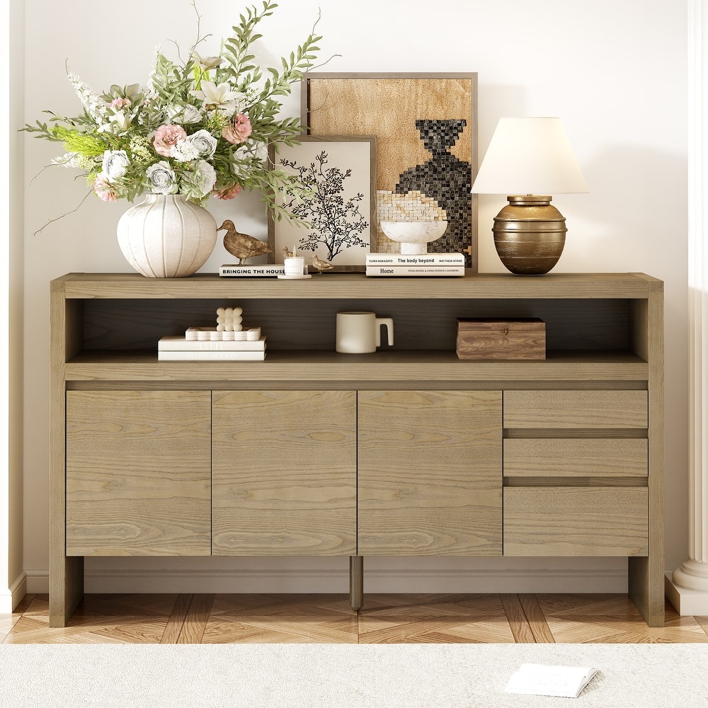 Ash Veneer Sideboard, 3-Door Sideboard Large Storage Cabinet, Buffet Cabinet Cupboard with 3 Drawers and Semi-Open Shelf