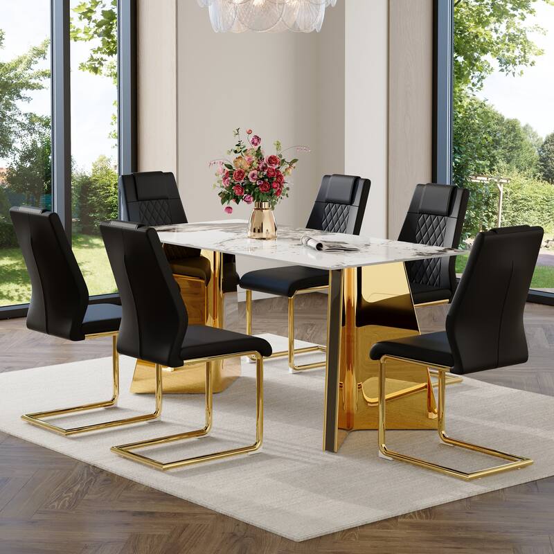 7-Piece Luxury Dining Table and Chair Set, Stone Tabletop Rectangular Table with Stainless Steel Butterfly Legs and 6 PU Chairs