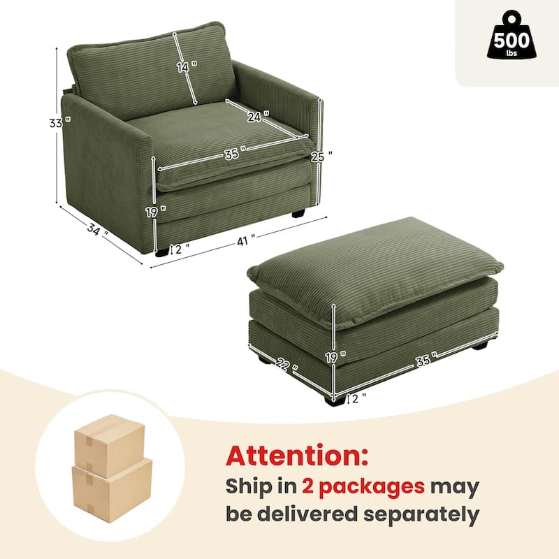 Oversized Corduroy Armchair with Plush Cushions and Movable Ottoman