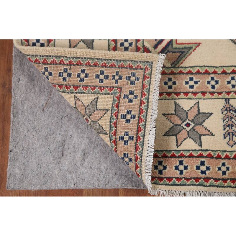 Hand Knotted Oriental 100% Wool Carpet Traditional Geometric Beige & Ivories Kazak Area Rug - 9' 7'' X 6' 7''