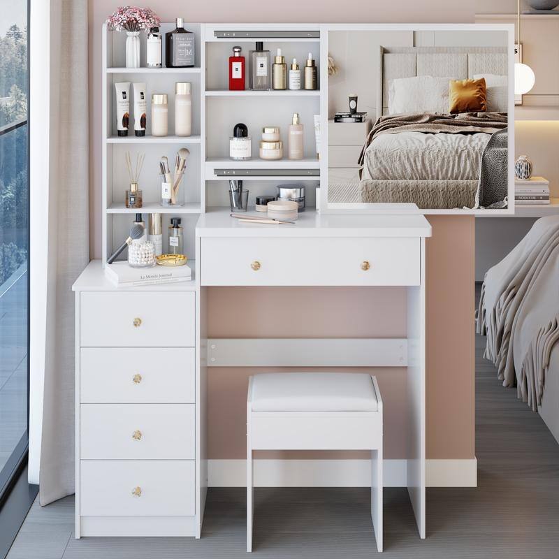 Vanity Dresser with Mirror and Stool Set Storage Drawers Luxury Furniture - White
