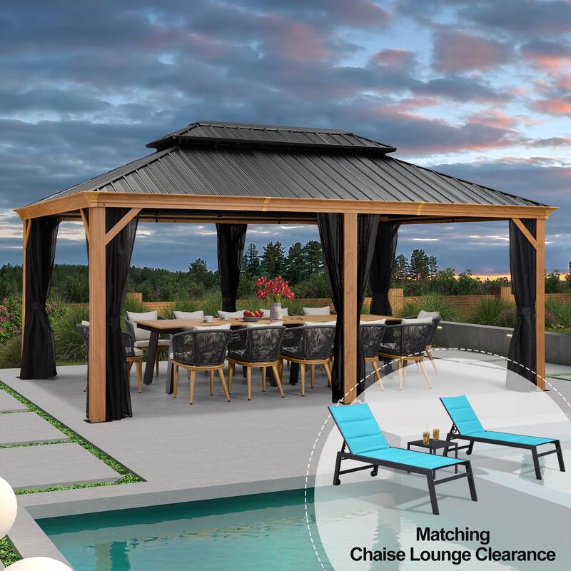 PURPLE LEAF Hardtop Patio Gazebo 12 x 18FT Galvanized Steel Roof Awning w Chaise Lounge - Wood Grain