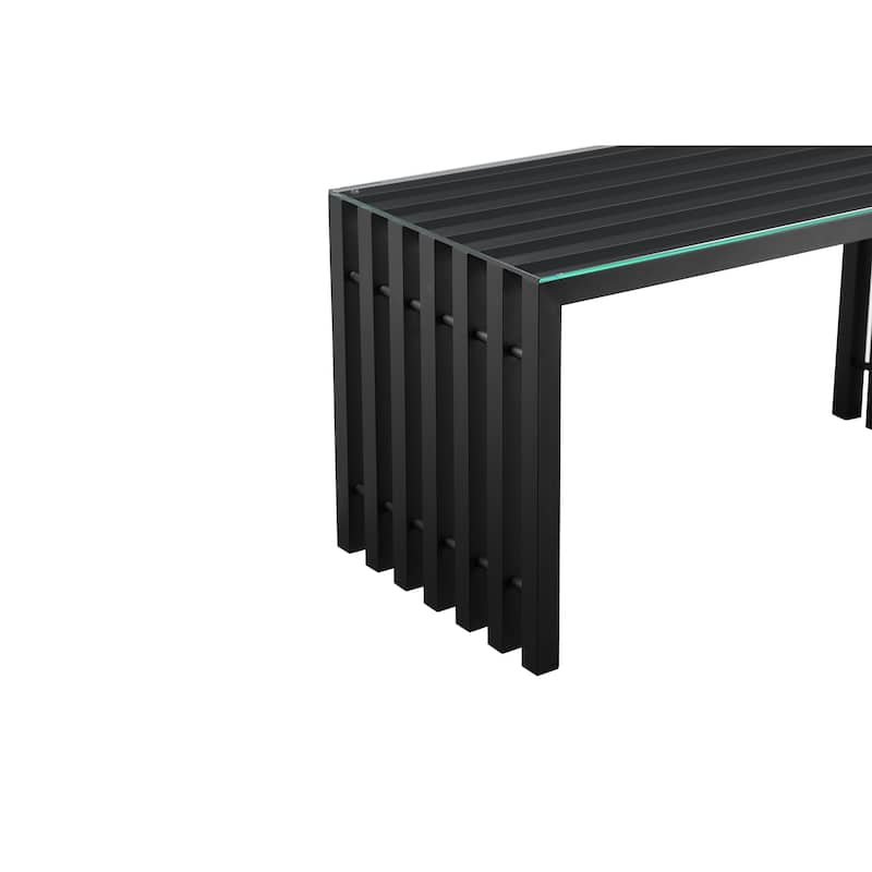 Namo 55 Inch Office Desk, Tempered Glass Top, Slatted Black Metal Frame
