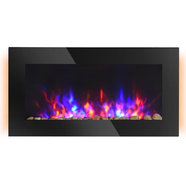 HOMCOM 28.5" 1500W Electric Wall-Mounted Fireplace with Flame Effect, 7 Color Background Light and Side Light, Black. Opens flyout.