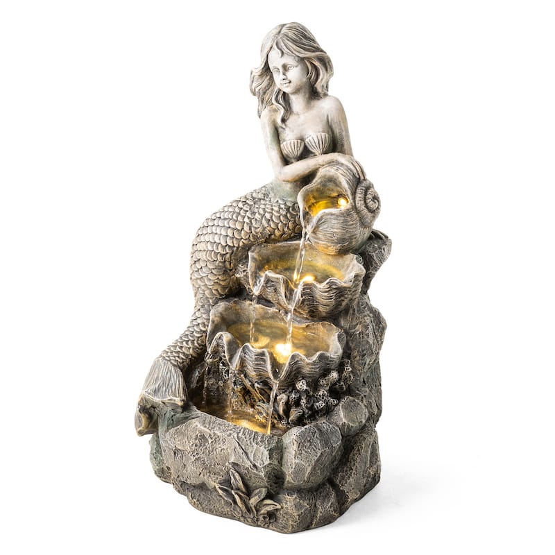 Glitzhome 22"H 4-Tiered LED Lighted Mermaid Fairy Polyresin Outdoor Floor Statue Fountains