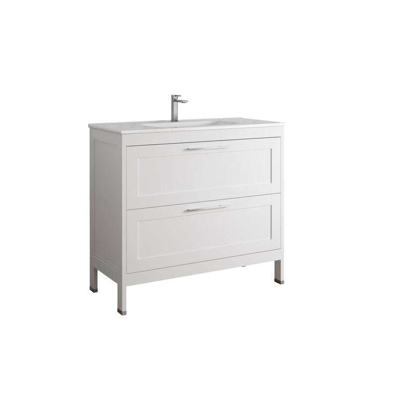 HomeRoots 40" White Wood Freestanding Bathroom Vanity With White Sink And Two Drawers - 40.00 in. x 35.06 in. x 17.75 in.