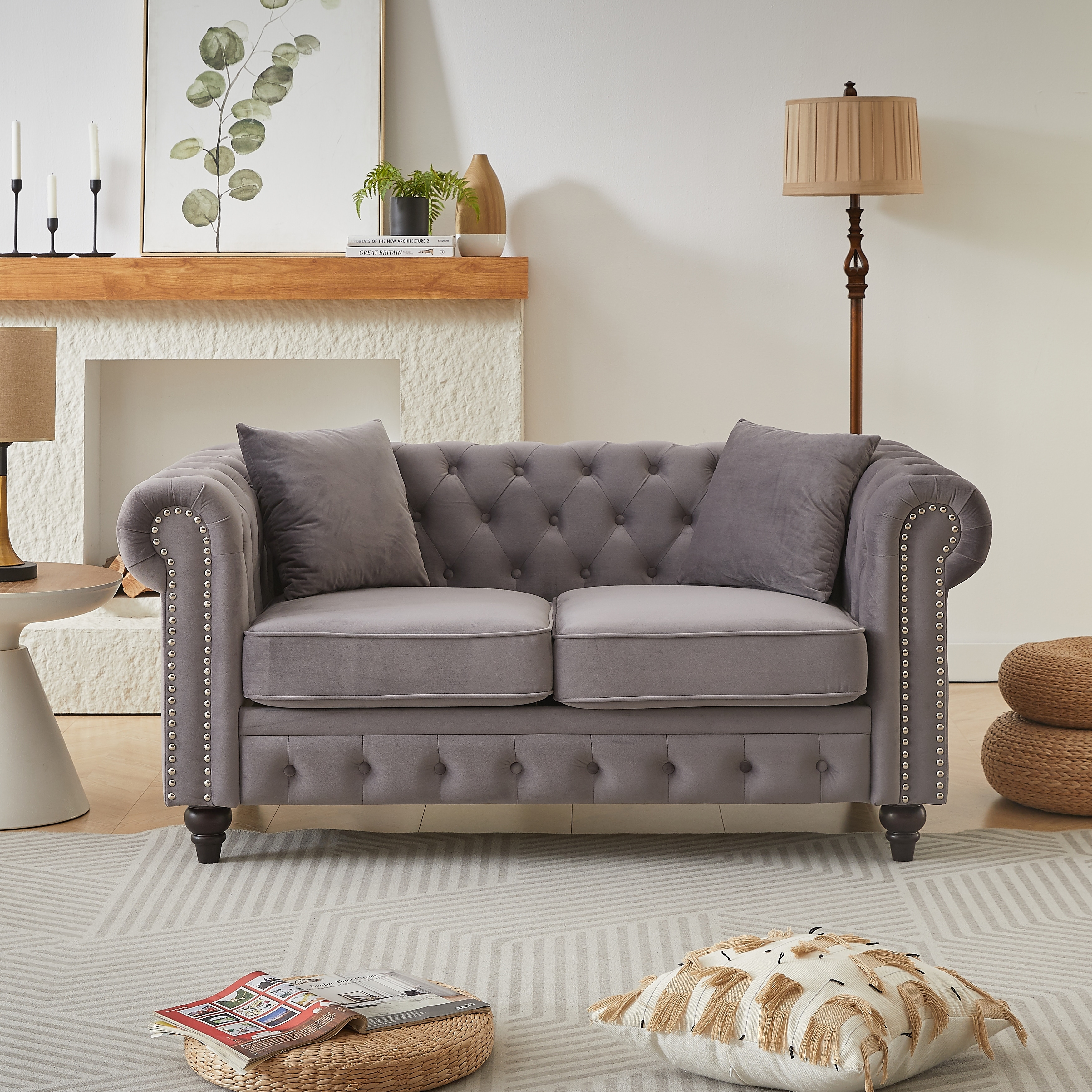 63.5"Sectional Sofa, Button Tufted With Nail Design Arms With 2 Pillows, Upholstered Fabric And Wood Legs