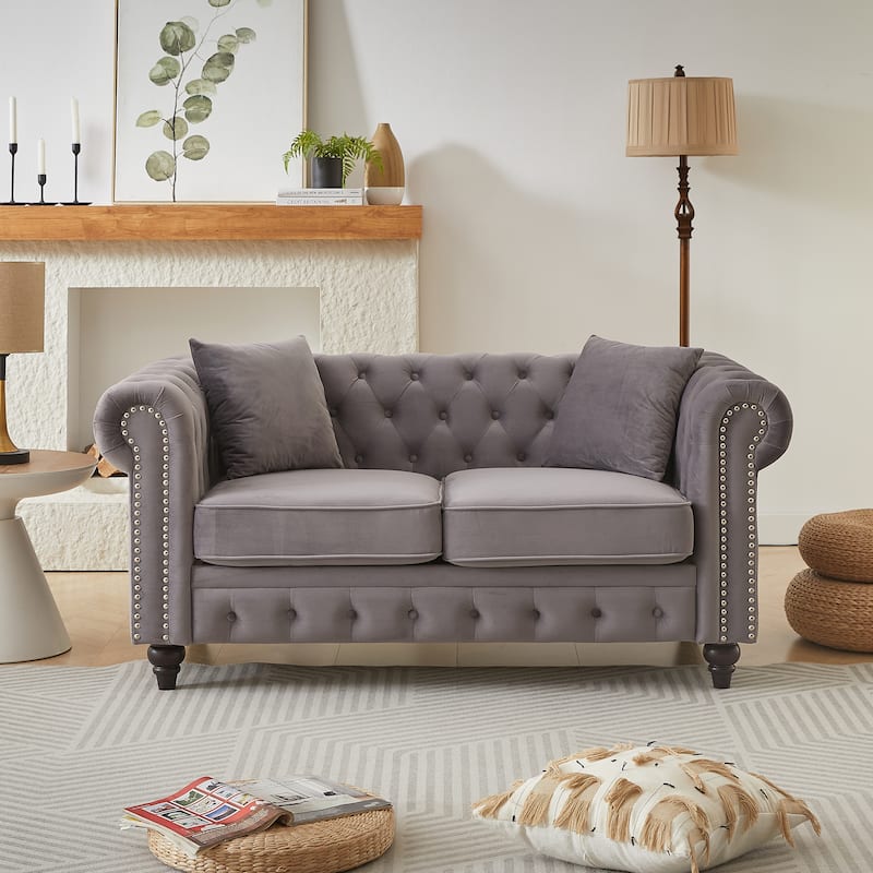 Classic Chesterfield Loveseat Sofa with Depp Seat and Nailheads Accent - Grey