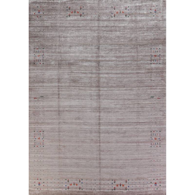 Hand Knotted Oriental Viscose Silk Carpet Tribal Stripe Greys & Charcoal Gabbeh Area Rug - 12' 5'' X 9' 3''