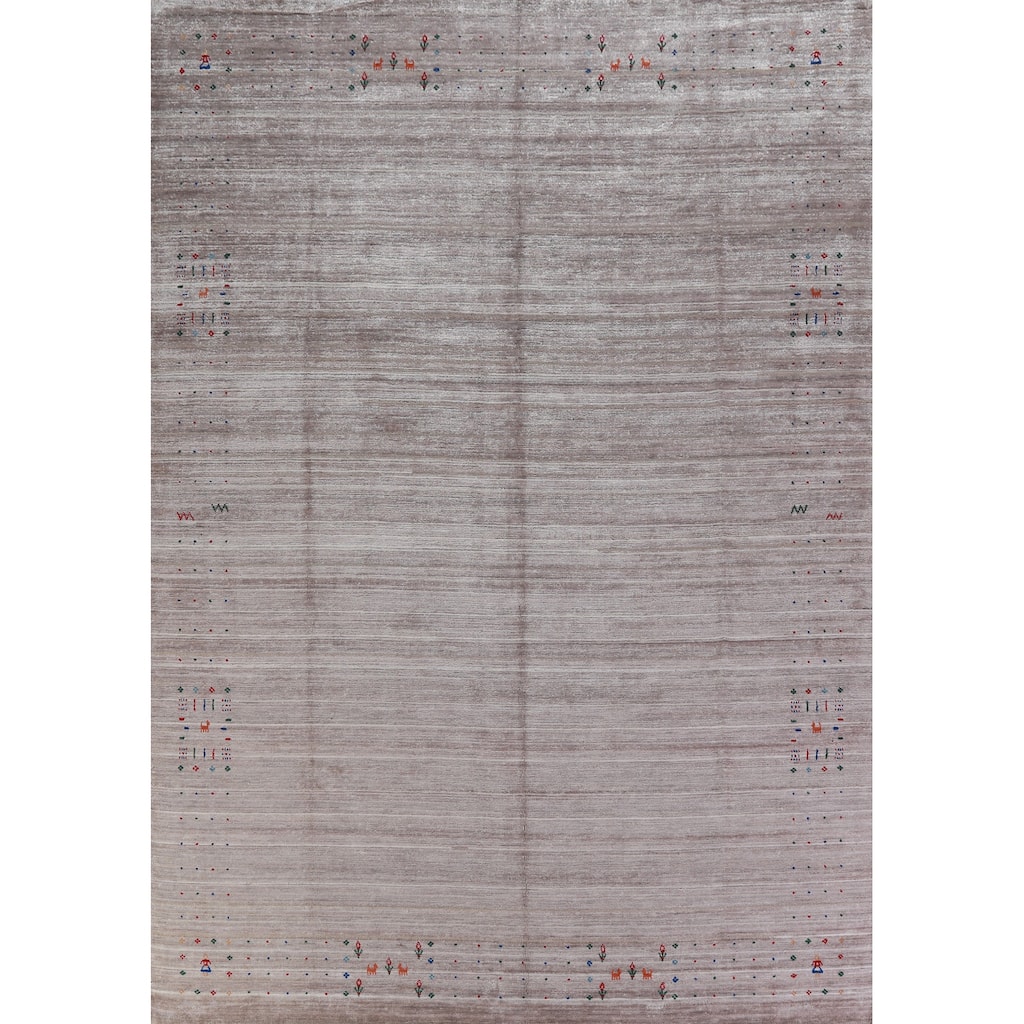 Hand Knotted Oriental Viscose Silk Carpet Tribal Stripe Greys & Charcoal Gabbeh Area Rug - 12' 5'' X 9' 3''