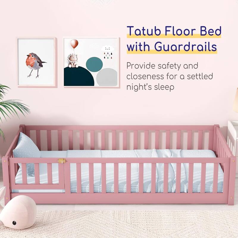 Twin/Full/Queen Size Floor Bed with Safety Guardrails, Toddler Floor Bed for Girls and Boys