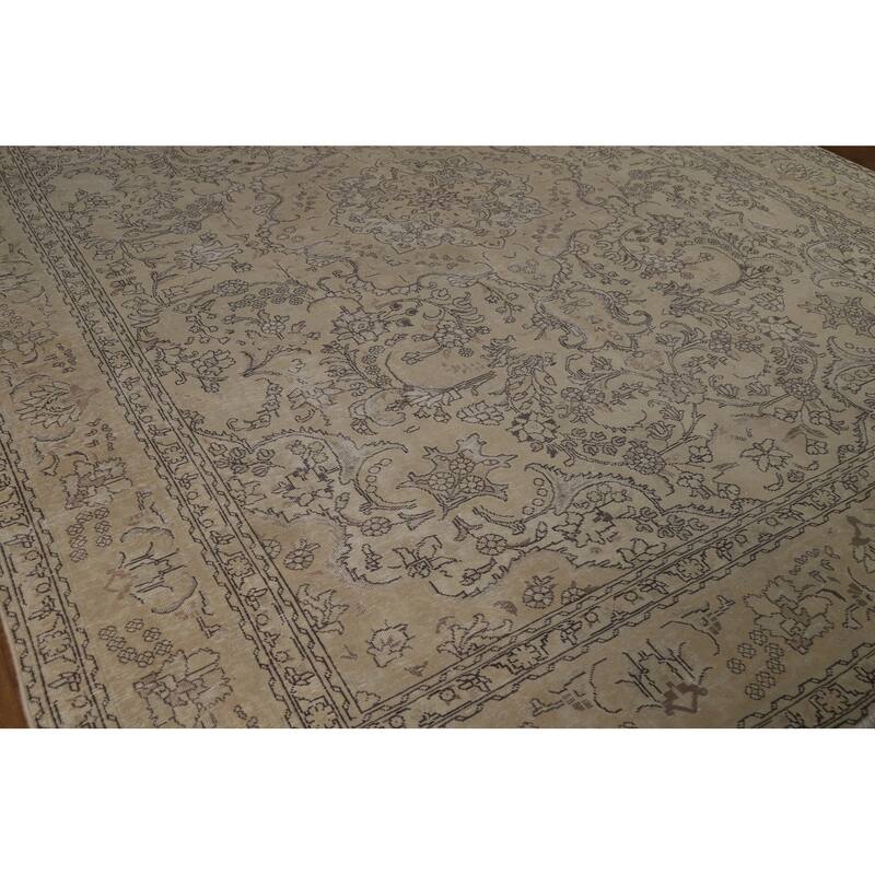 Floral Tabriz Persian Vintage Area Rug Handmade Beige Wool Carpet - 9'8" x 12'4"