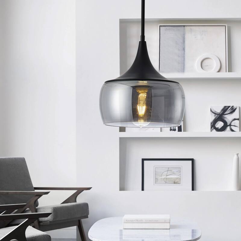 Matte Black 1-Light Dome Pendant Light with Smoke Grey Glass Shade - Black