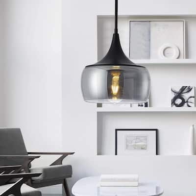 Matte Black 1-Light Dome Pendant Light with Smoke Grey Glass Shade
