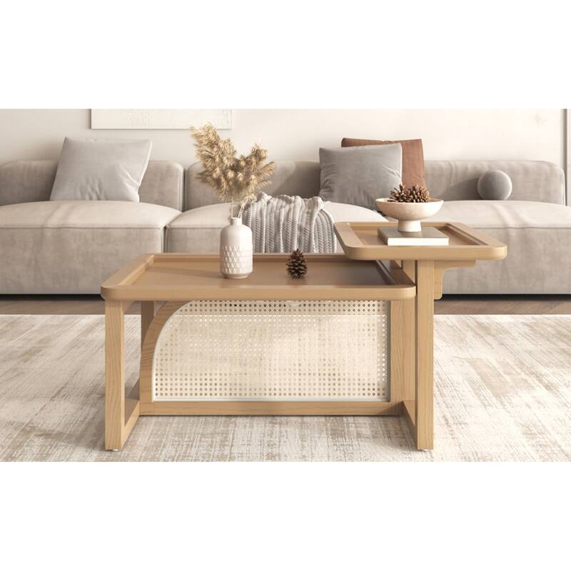 Modern 2-Piece Nesting Coffee Table Set with Rattan and MDF in Natural Finish – Versatile Living Room Storage