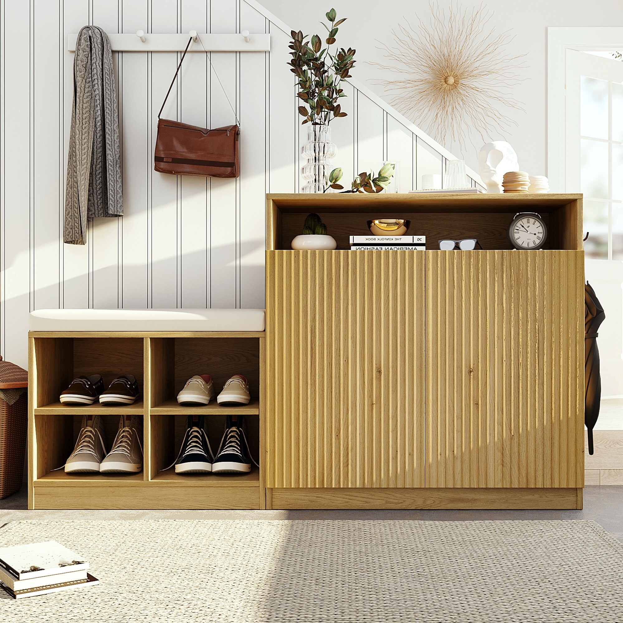 Multifunctional Entryway Cabinet, Combines Shoe Bench - Overstock