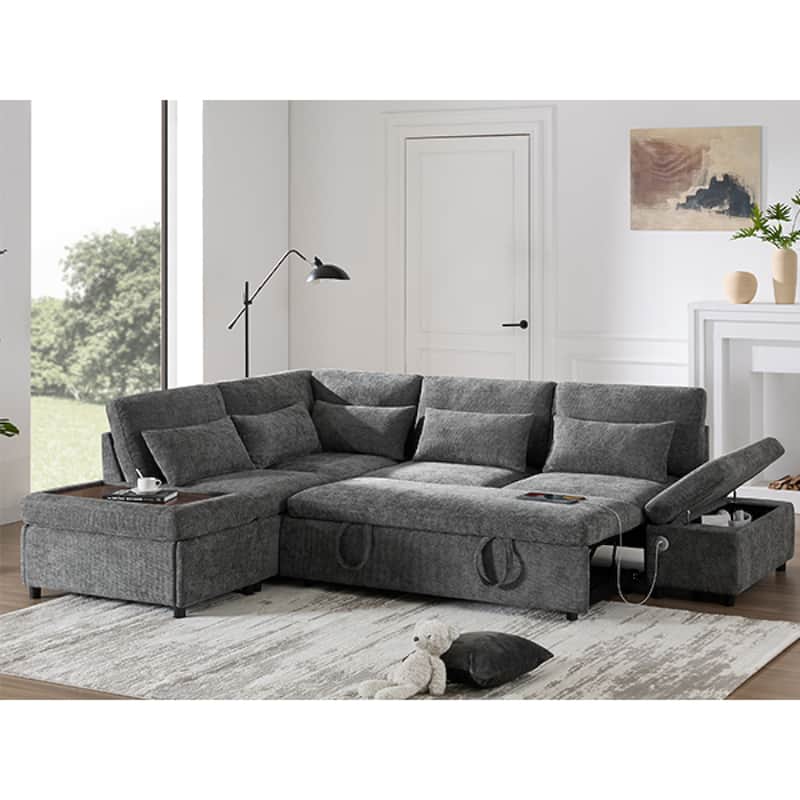 Roomfitters 107'' L-Shaped Sleeper Sectional Sofa Bed with Pull-Out Couch, USB & Type-C, Storage Ottoman