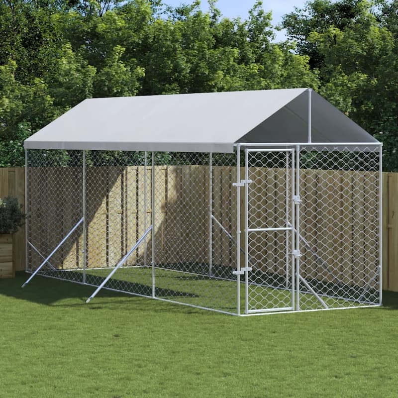vidaXL Outdoor Dog Kennel with Roof Silver Galvanized Steel - 6.6' x 19.7' x 8.2'