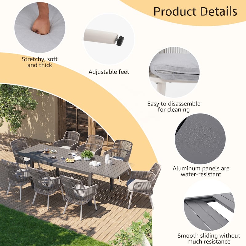 Outdoor Patio Dining Sets with PE Wicker Chairs and Extendable Aluminum Dining Table for 8 Persons