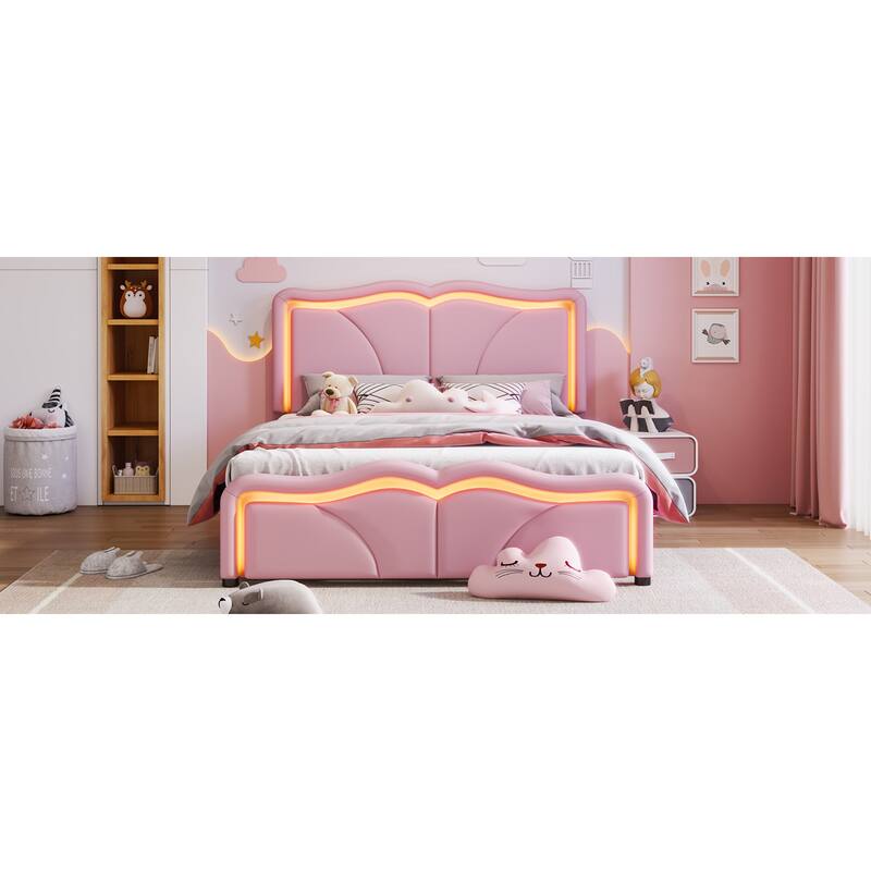 Roomfitters Twin/Full Size Upholstered Platform Bed with LED Light Headboard and Footboard, Wave Shaped Padded Frame, Pink