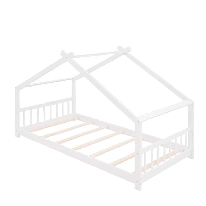 Twin Size House Bed Wood Platform Bed with Roof