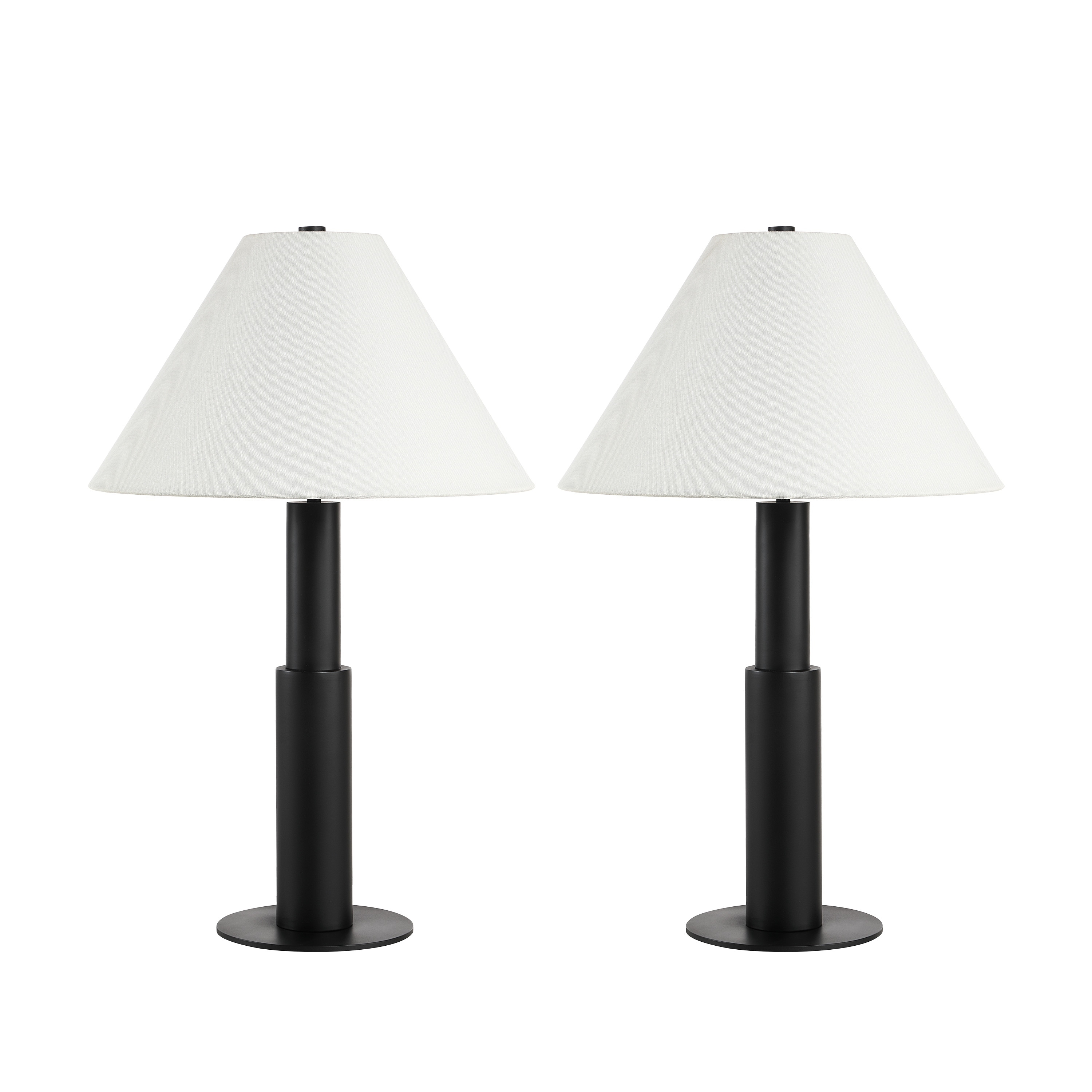 Everren Pantera 25" Tall Matte Black Iron Table Lamp with Tapered Linen Shade (Set of 2)