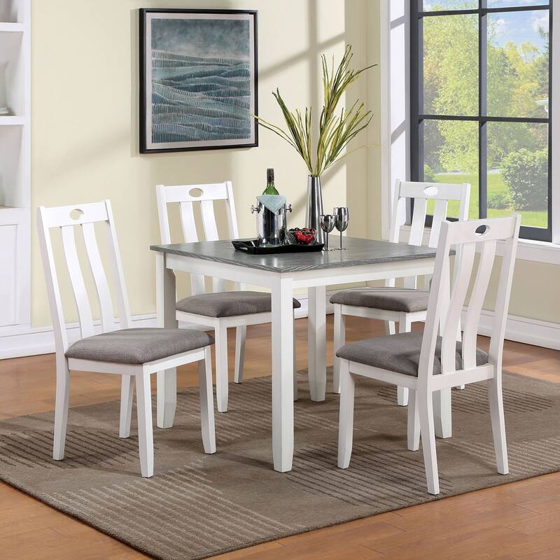 Modern White Solid wood 5pc Dining Set Table 4x Chairs Gray Fabric Cushions Seats Chairs Dining Room - White