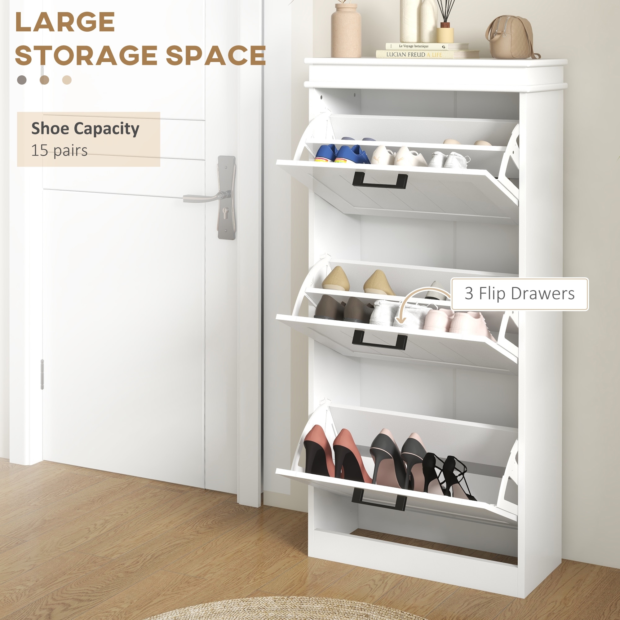 Shoe Cabinet for Entryway, Narrow Shoe Rack Storage Organizer with 3 Flip Drawers and Adjustable Shelves for 15 Pairs of Shoes