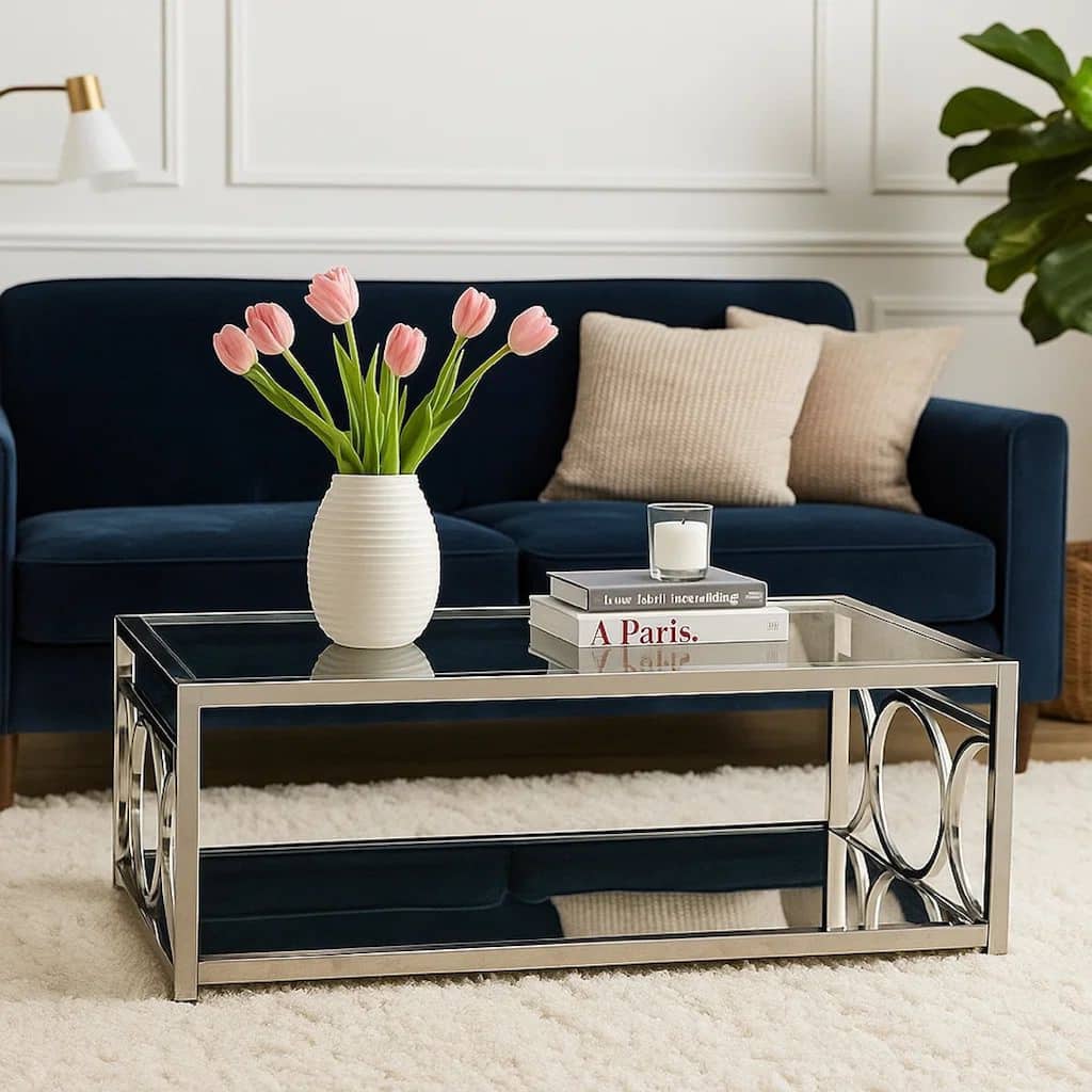 Paire 47 Inch Coffee Table, Glass Top, Mirrored Bottom Shelf, Metal Accents