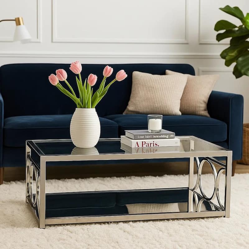Paire 47 Inch Coffee Table, Glass Top, Mirrored Bottom Shelf, Metal Accents