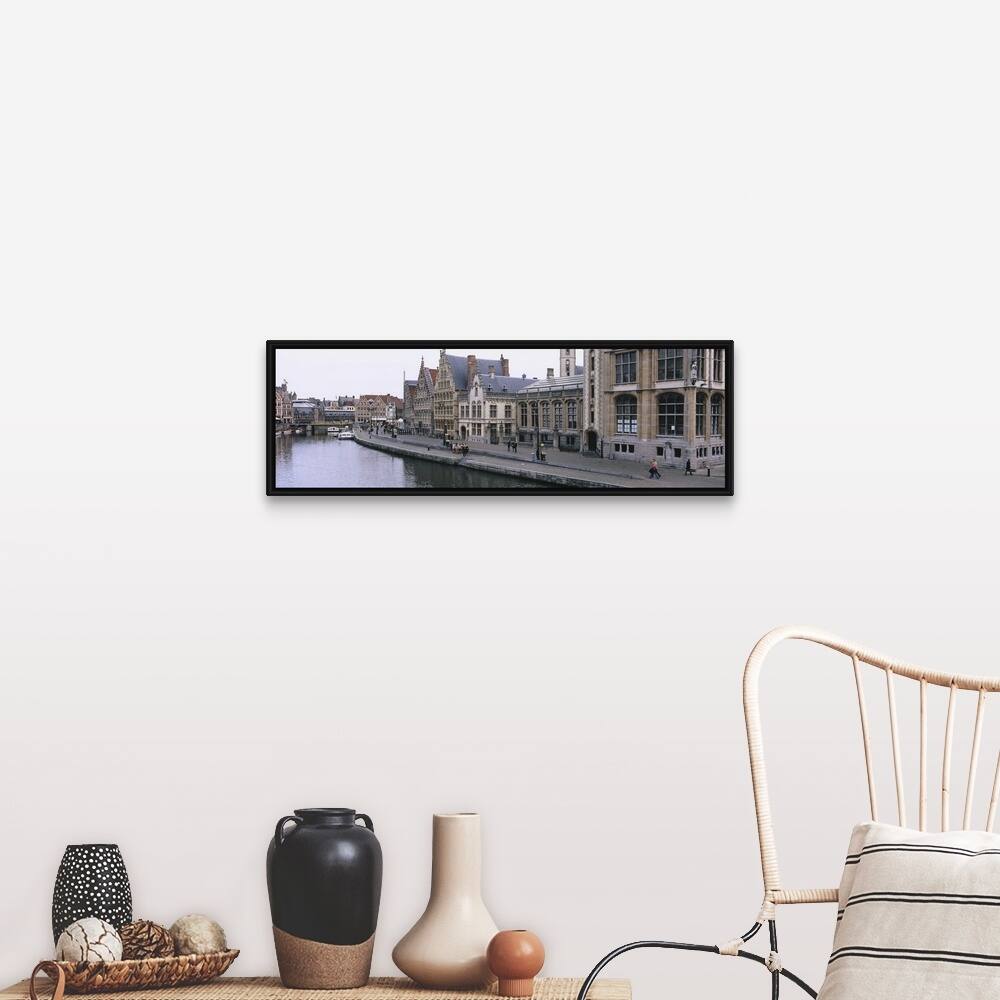 "Buildings along the river, Leie River, Graslei, Ghent, Belgium" Black Float Frame Canvas Art