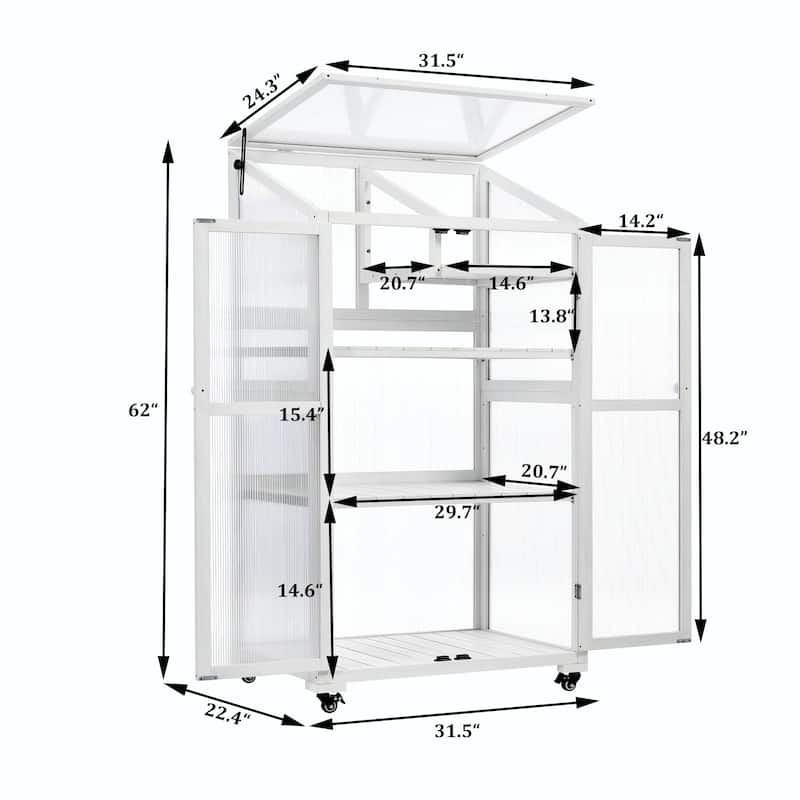 62-Inch Wood Greenhouse with Wheels and Adjustable Shelves