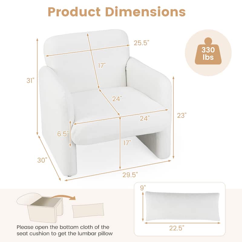 White Chenille Fabric Accent Chair with Lumbar Pillow and Armrests - 30" L x 29.5" W x 31" H