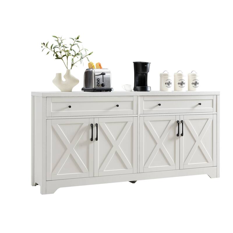 Sideboard Buffet Cabinets with 4 Door, Kitchen Storage Cabinets, Wood Coffee Bar Tables w/ Shelf, Accent Console for Living Room - White
