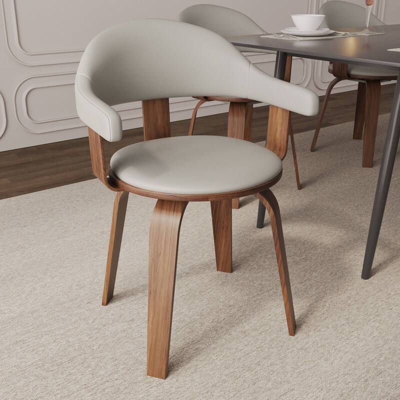 Leather Dining Chair in Solid Wood Accent Arm Chair Open Curved Back Design