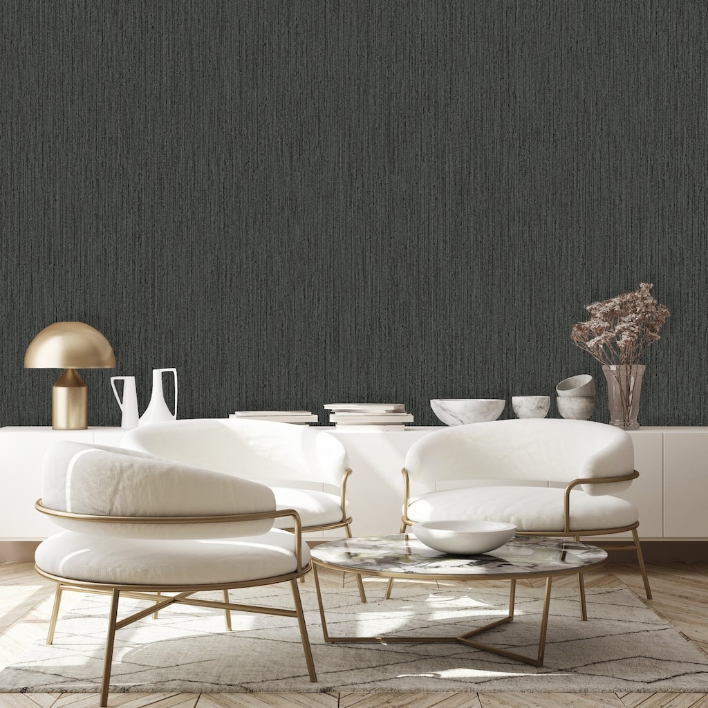 Modern Gray Silver Faux Fabric Dimensional Stria Lines, Charcoal Interior Accent - Double Roll