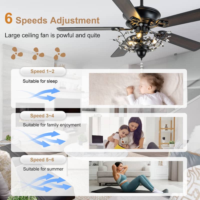 Bella Depot 52-inch Modern Crystal Ceiling Fan with Light Kit and Remote, 6-Speed Reversible Fandelier - 52"