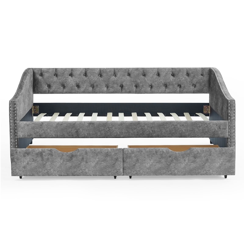 Mid-Century Linen Upholstered Daybed Platform Bed Frame with Storage Drawers, Button Tufted Back and Nailhead Trim Arms
