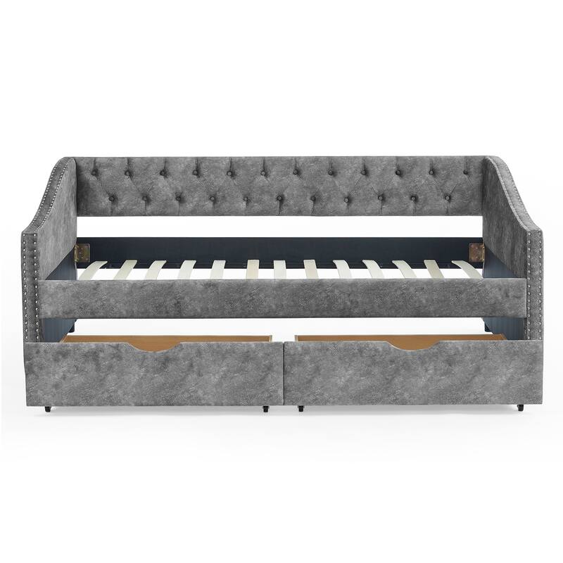 Roomfitters Twin/Full/Queen Upholstered Daybed with Tufted Backrest, Nailhead Trim and Underbed Storage Trundle, Grey