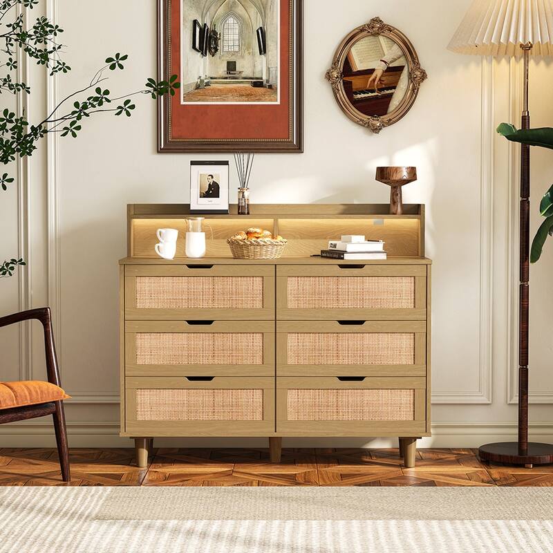 6 Drawers Dresser for Bedroom, Rattan Storage Cabinet with LED Lights and Power Outlet, Rattan Dresser with Spacious Storage