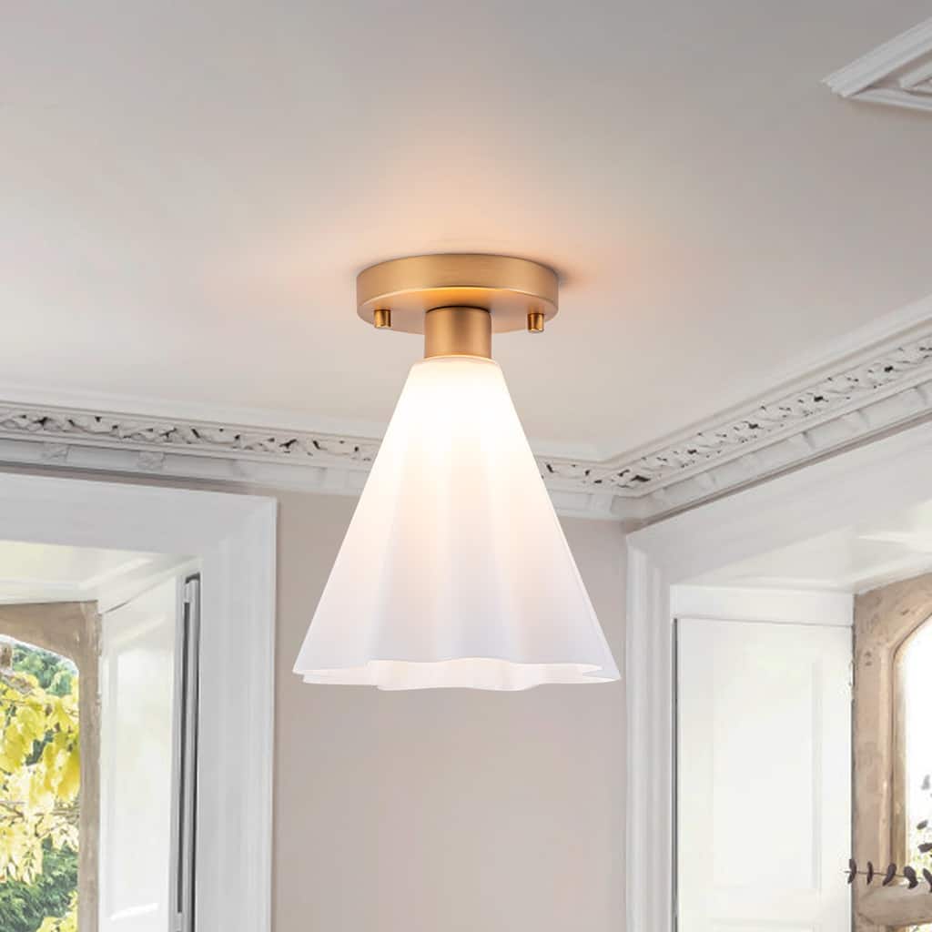 Vintage 1-Light Glass Cone Flush Mount Ceiling Light - Brass