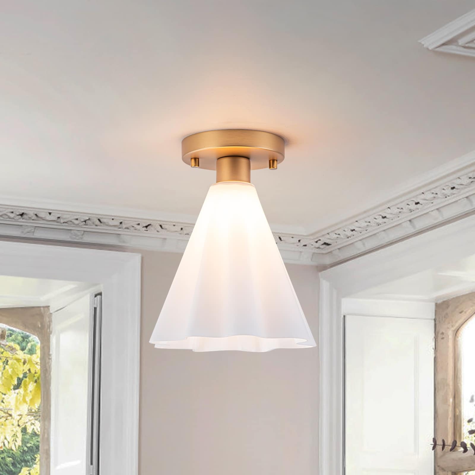 Vintage 1-Light Glass Cone Flush Mount Ceiling Light - Brass