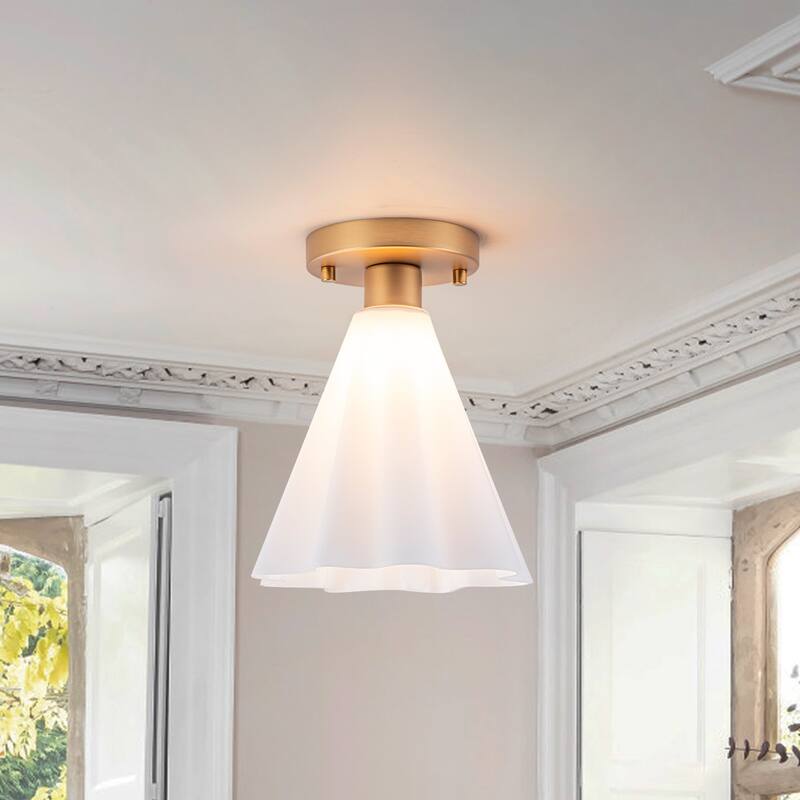 Vintage 1-Light Glass Cone Flush Mount Ceiling Light - Brass